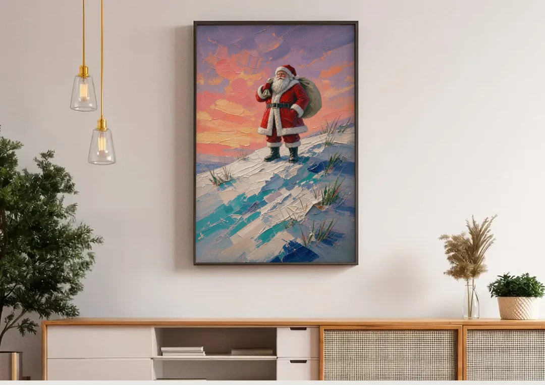Santa Canvas on the Sunset Hill canvas wall art above a wooden sideboard under pendant lights