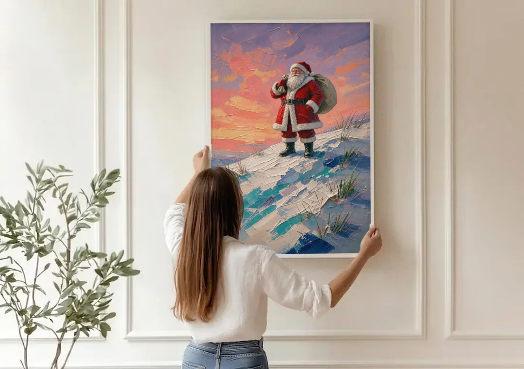 Santa Canvas on the Sunset Hill canvas wall art being hung on a paneled wall