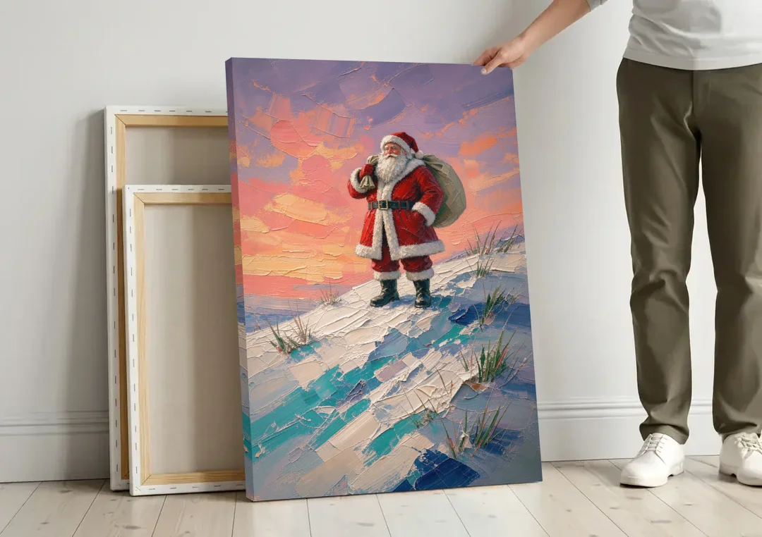 Santa Canvas on the Sunset Hill canvas wall art leaning against a wall next to blank canvases