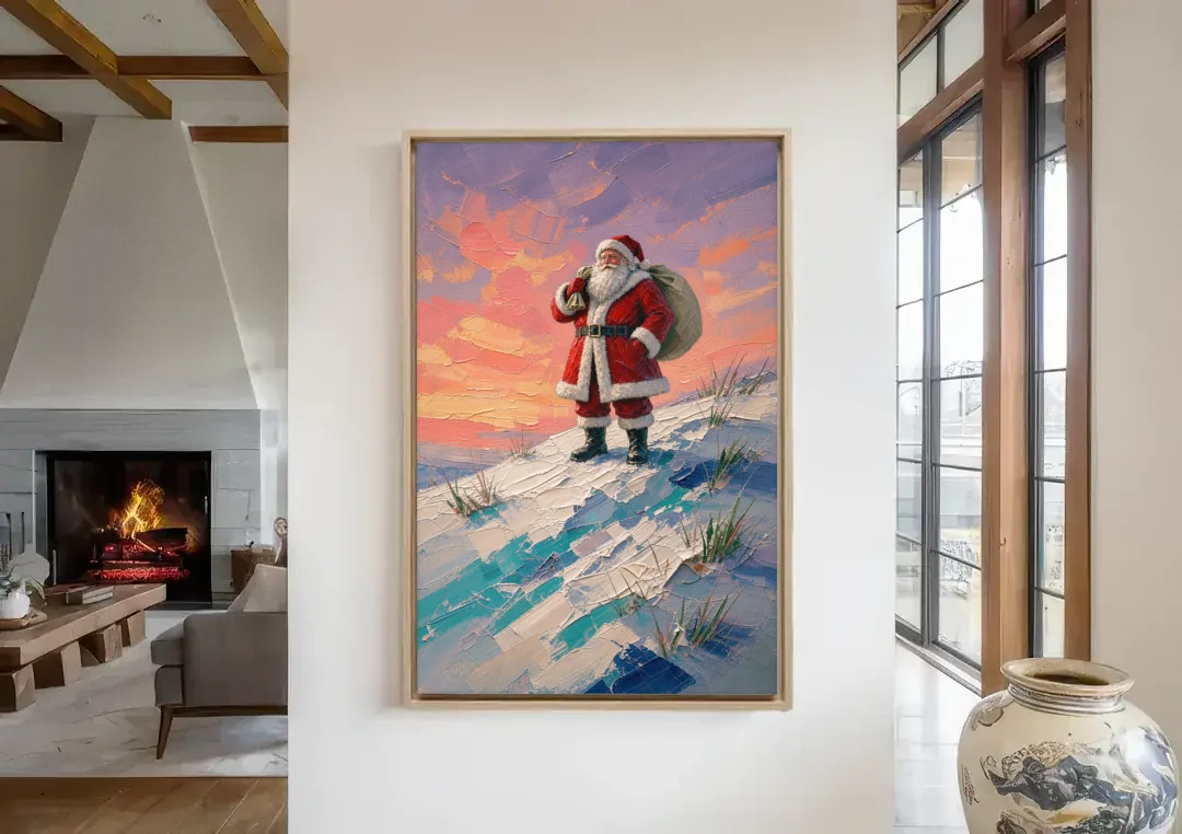 Santa Canvas on the Sunset Hill canvas wall art in a living room with a fireplace