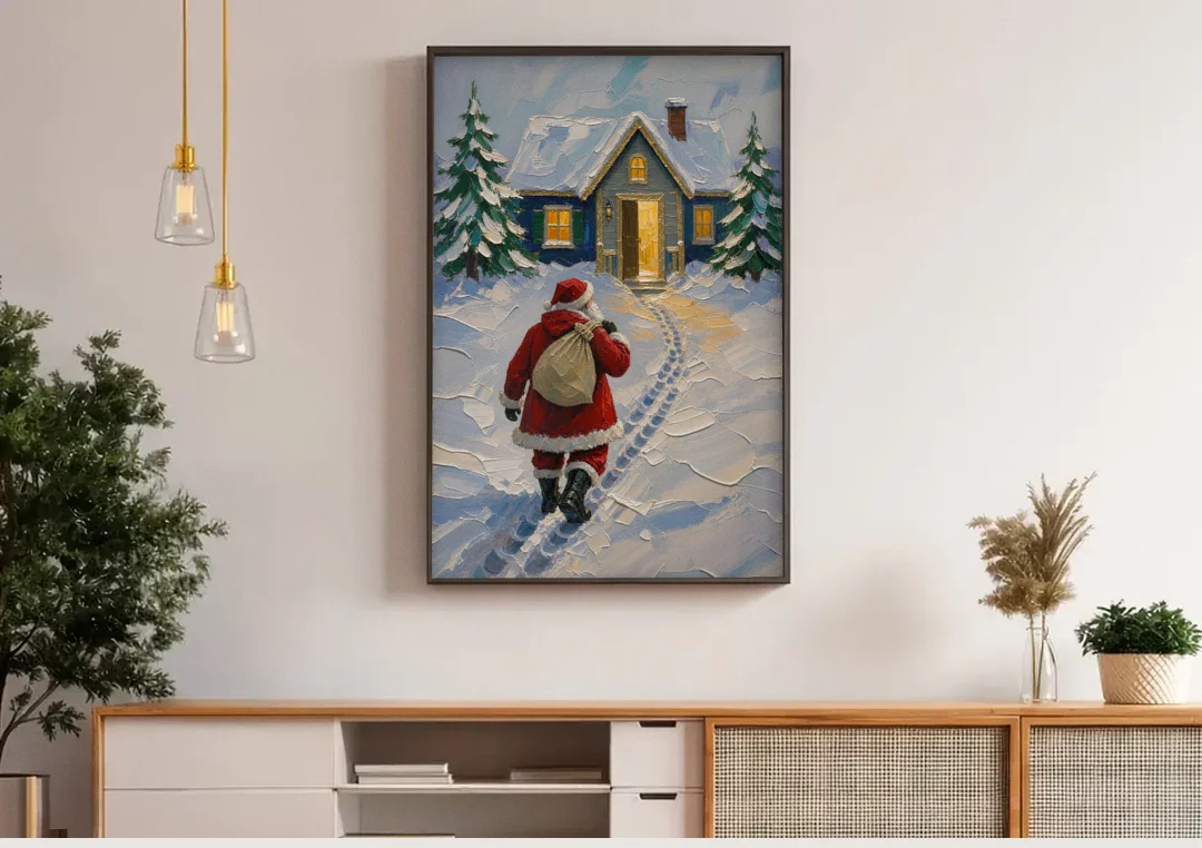 Santa Claus Canvas Art Footprints to the Golden Door canvas wall art above a wooden sideboard under pendant lights