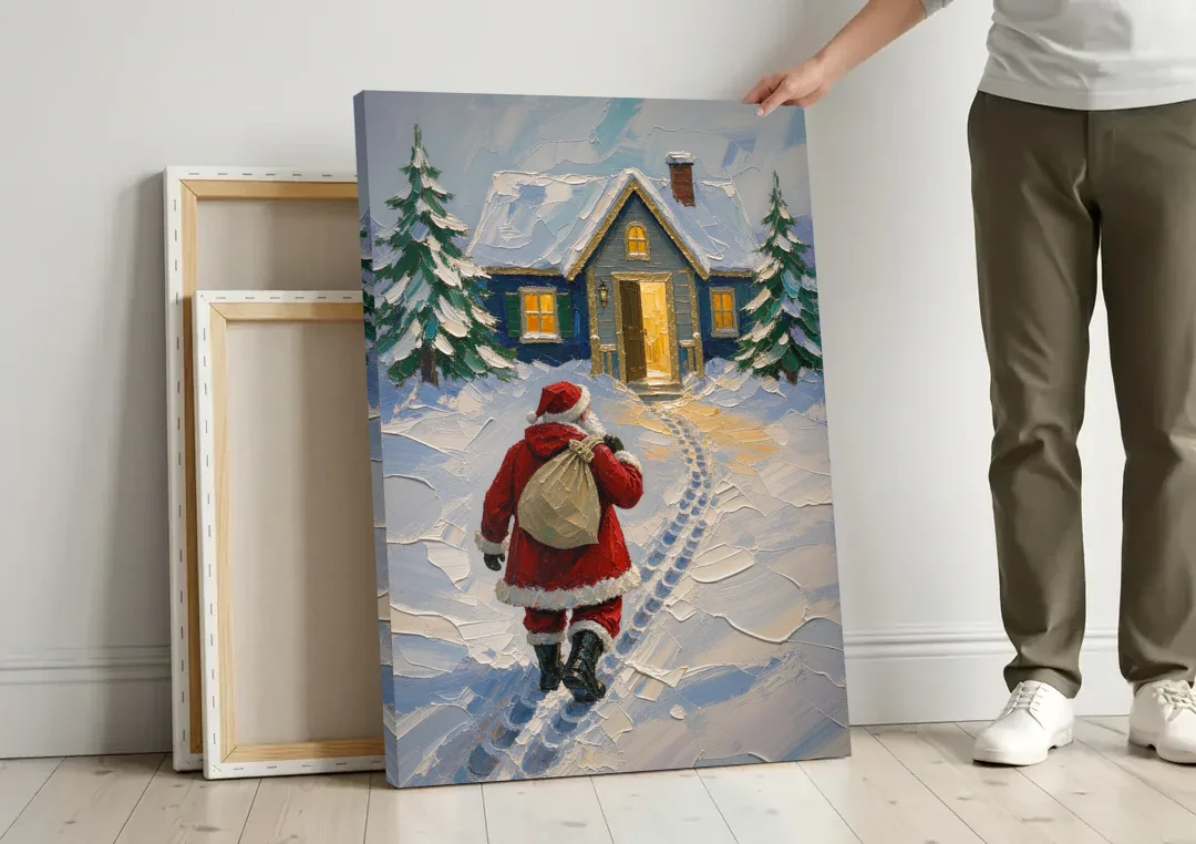 Santa Claus Canvas Art Footprints to the Golden Door canvas wall art leaning against a wall next to blank canvases