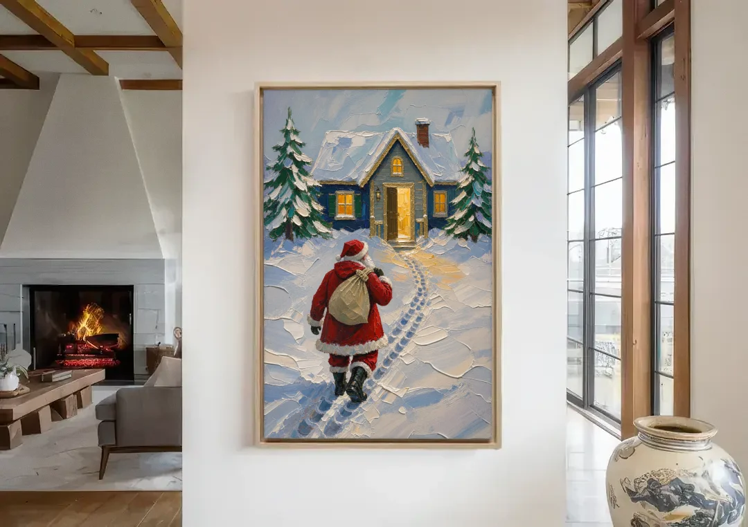 Santa Claus Canvas Art Footprints to the Golden Door canvas wall art in a living room with a fireplace