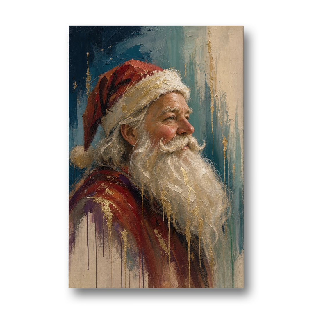 Santa Claus Portrait Painting in Gold Drips - Canvas Wall Art - Front