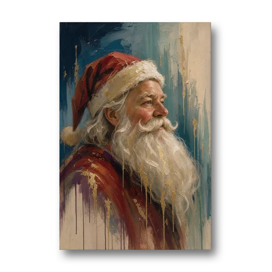 Santa Claus Portrait Painting in Gold Drips - Canvas Wall Art - Front