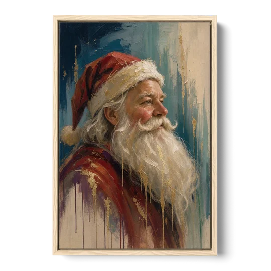 Santa Claus Portrait Painting in Gold Drips - Oak Framed Canvas Wall Art - Front