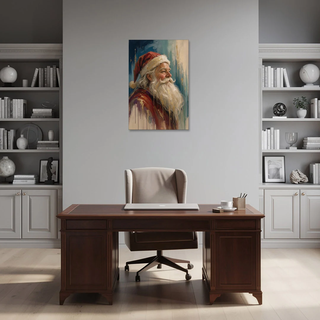 Santa Claus Portrait Painting in Gold Drips - Canvas Wall Art - Office - 24x36