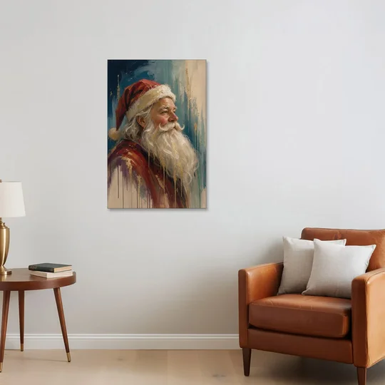 Santa Claus Portrait Painting in Gold Drips - Canvas Wall Art - Sofa - 24x36