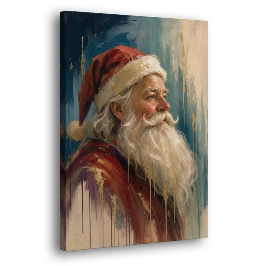 Santa Claus Portrait Painting in Gold Drips - Canvas Wall Art - Side