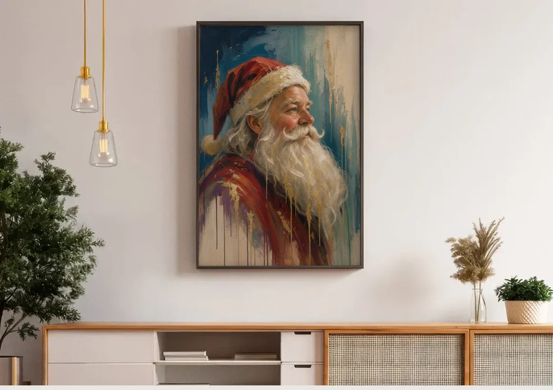 Santa Claus Portrait Painting in Gold Drips canvas wall art above a wooden sideboard under pendant lights