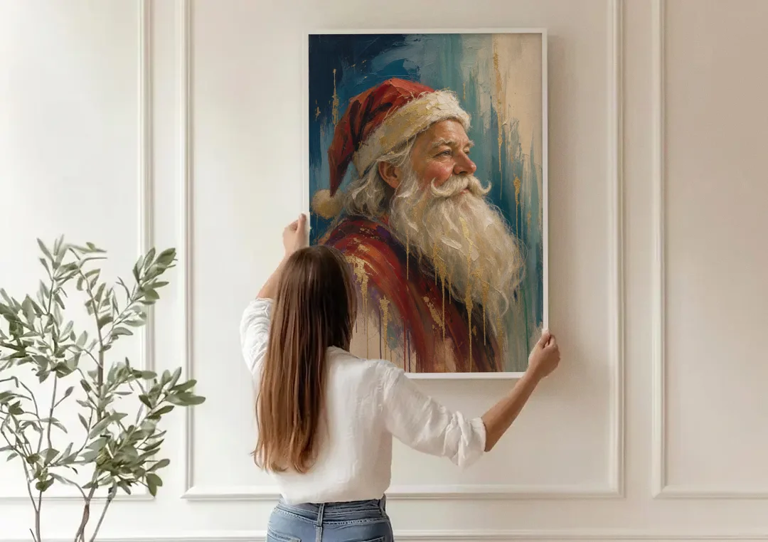 Santa Claus Portrait Painting in Gold Drips canvas wall art being hung on a paneled wall