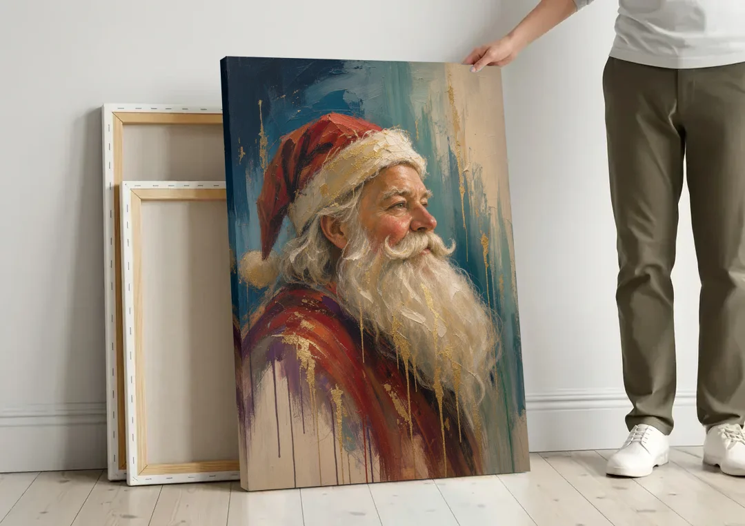 Santa Claus Portrait Painting in Gold Drips canvas wall art leaning against a wall next to blank canvases