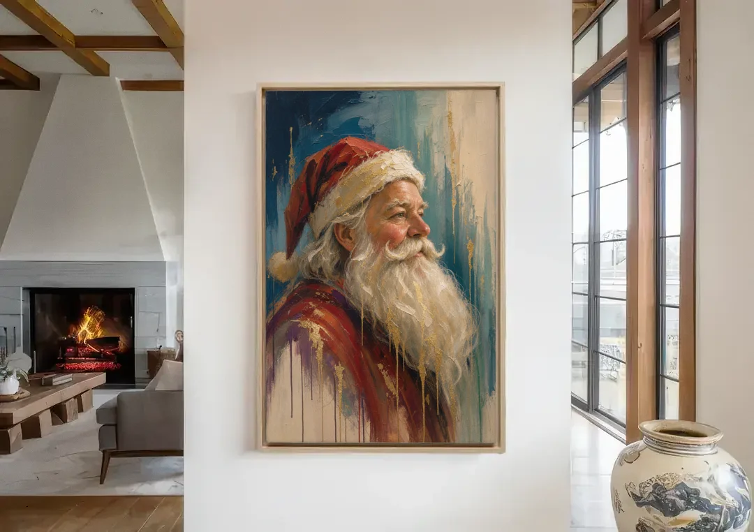 Santa Claus Portrait Painting in Gold Drips canvas wall art in a living room with a fireplace