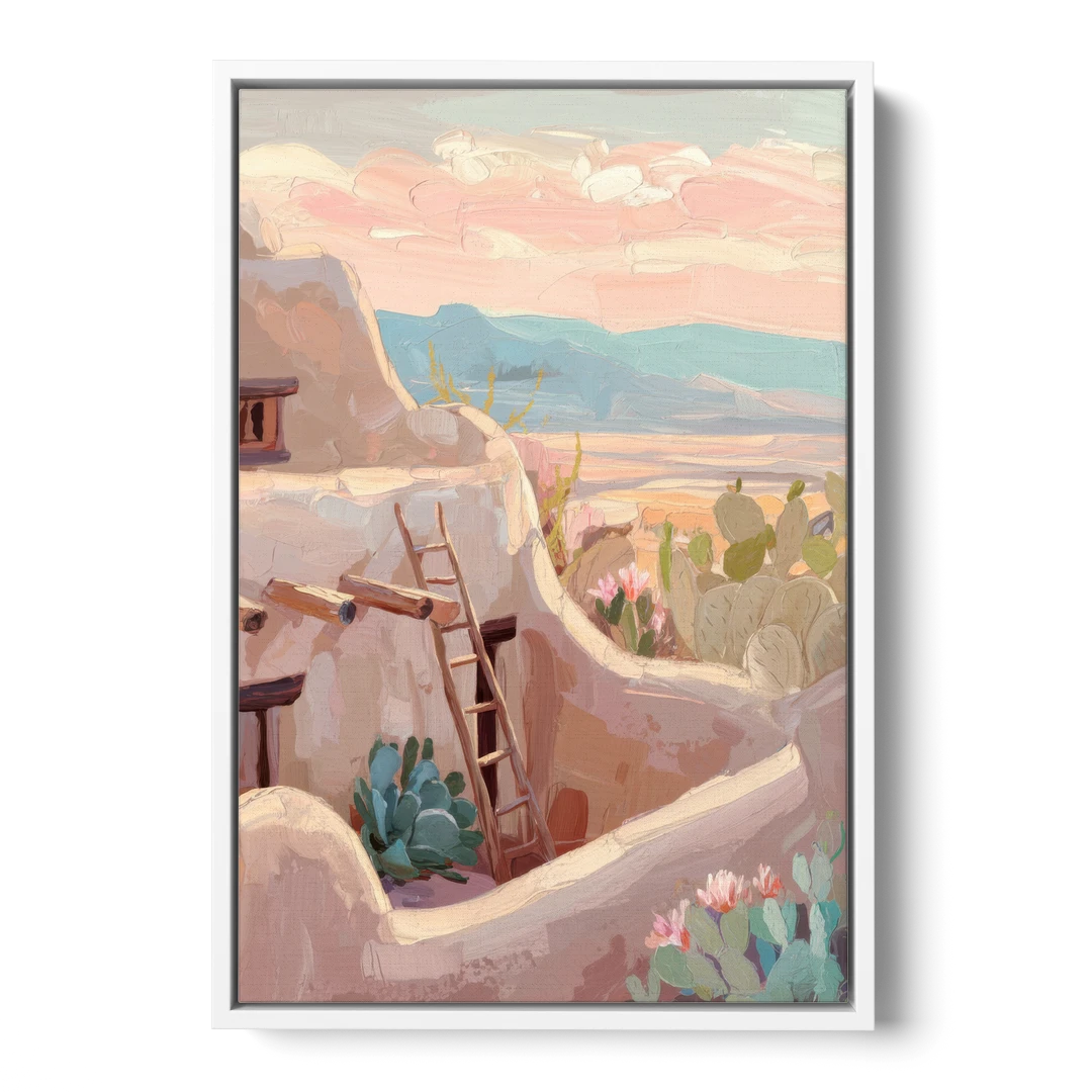 Santa Fe Adobe Architecture - White Framed Canvas Wall Art - Front