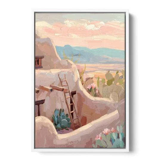 Santa Fe Adobe Architecture - White Framed Canvas Wall Art - Front