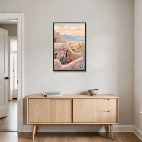 Santa Fe Adobe Architecture - Black Framed Canvas Wall Art - Coffee Table - 24x36