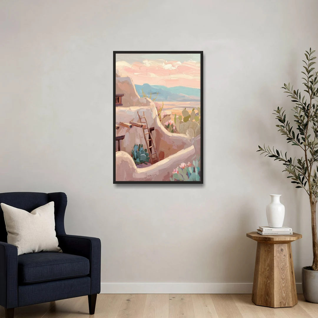 Santa Fe Adobe Architecture - Black Framed Canvas Wall Art - Sofa - 24x36