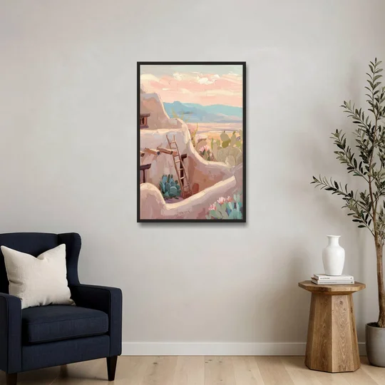Santa Fe Adobe Architecture - Black Framed Canvas Wall Art - Sofa - 24x36