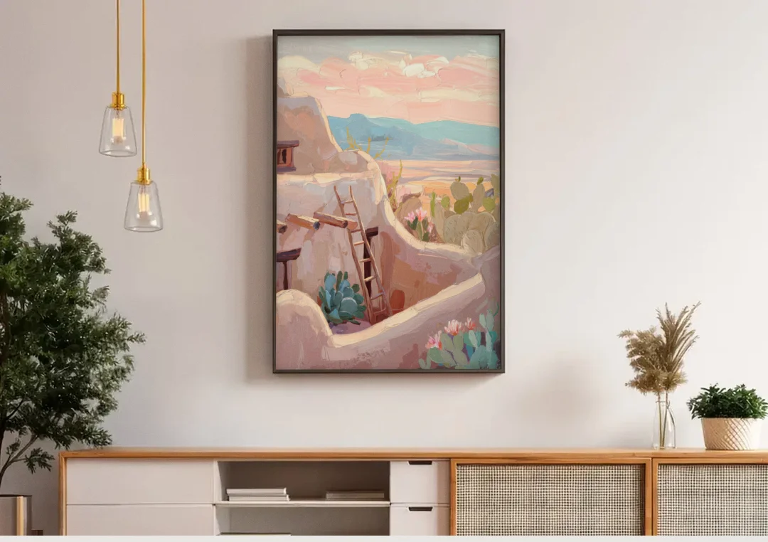 Santa Fe Adobe Architecture canvas wall art above a wooden sideboard under pendant lights