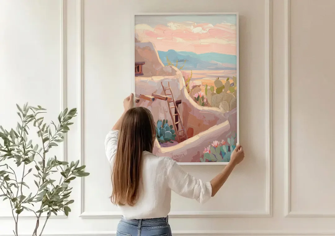 Santa Fe Adobe Architecture canvas wall art being hung on a paneled wall