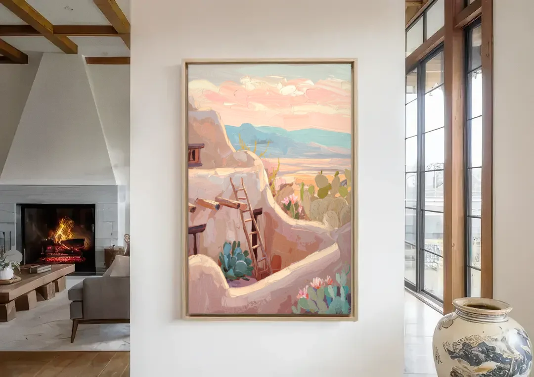 Santa Fe Adobe Architecture canvas wall art in a living room with a fireplace