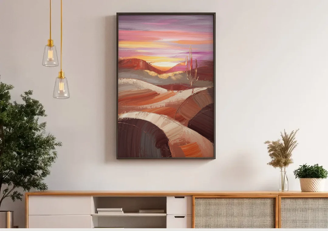 Santa Fe Desert Sunrise canvas wall art above a wooden sideboard under pendant lights