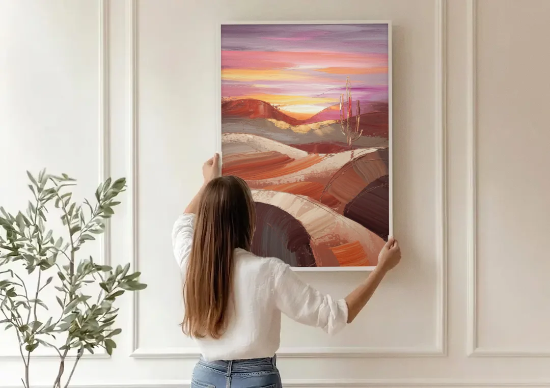 Santa Fe Desert Sunrise canvas wall art being hung on a paneled wall