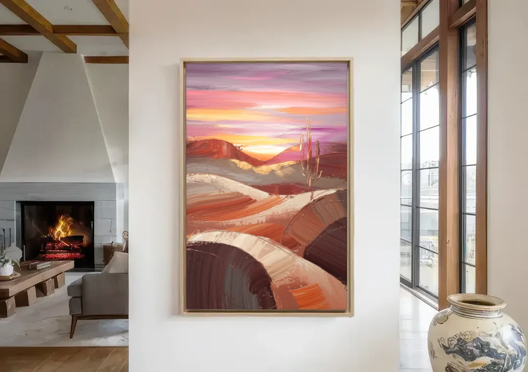 Santa Fe Desert Sunrise canvas wall art in a living room with a fireplace