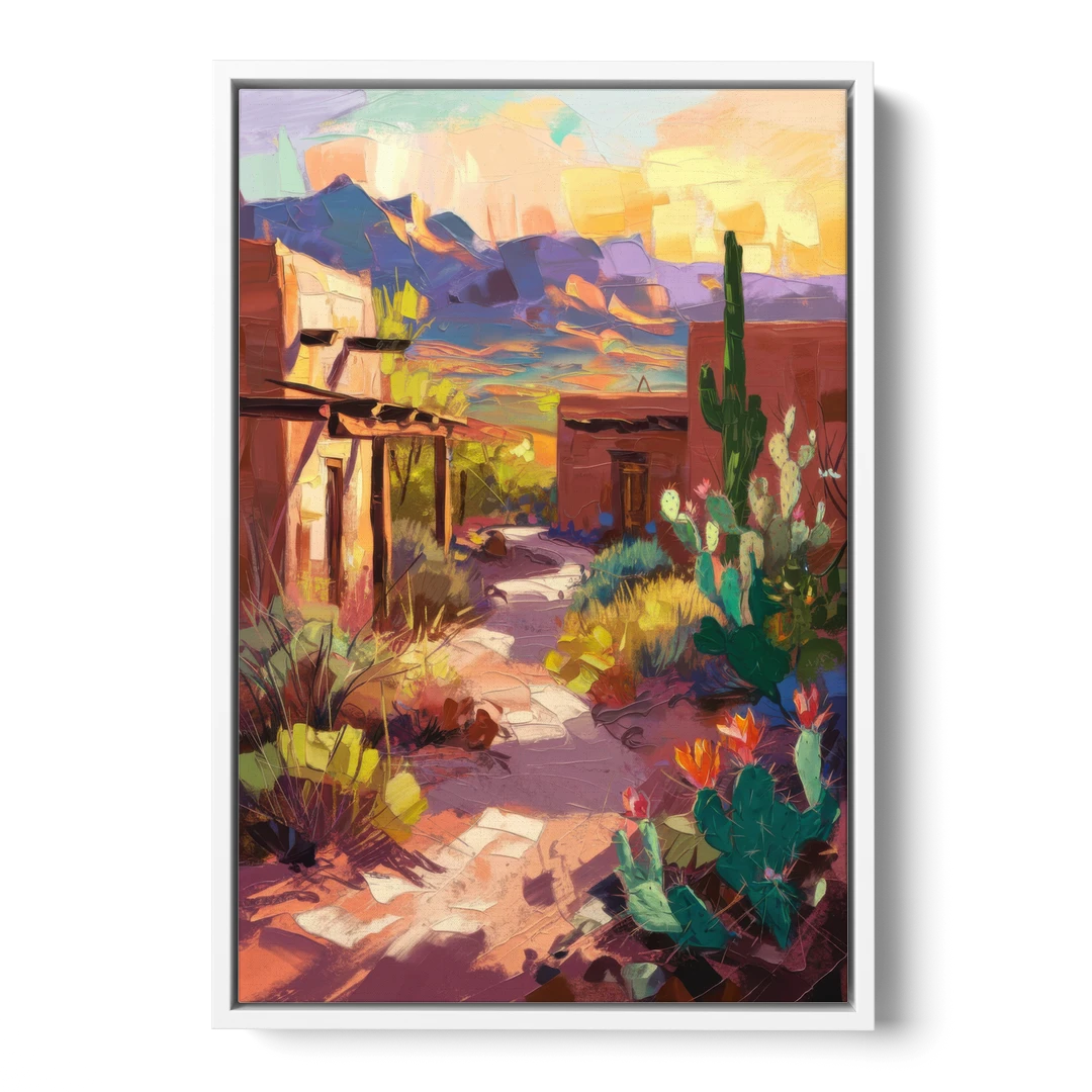 Santa Fe Desert Trail - White Framed Canvas Wall Art - Front