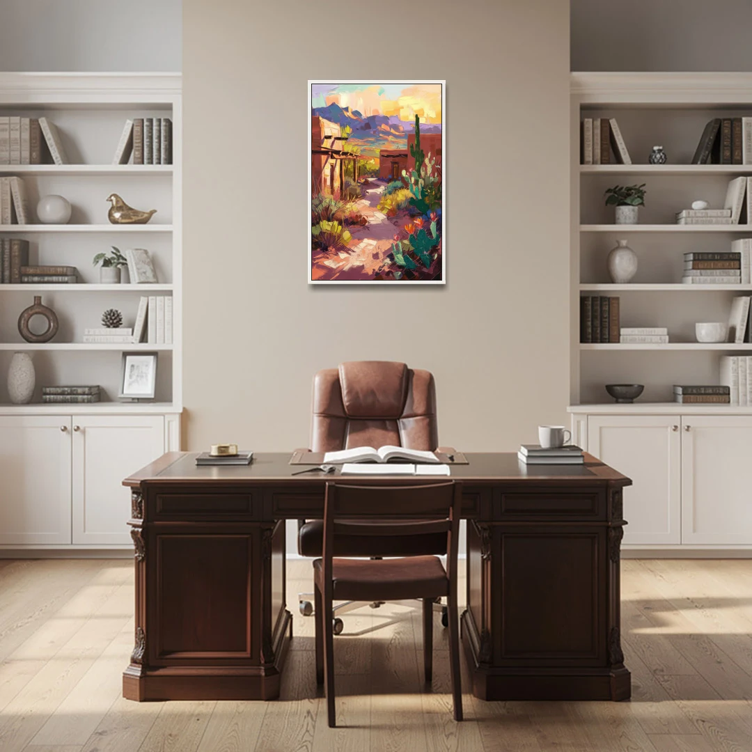Santa Fe Desert Trail - White Framed Canvas Wall Art - Office - 24x36