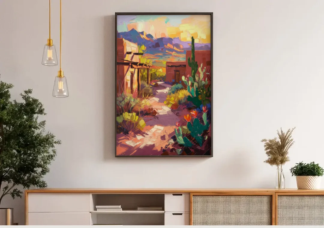 Santa Fe Desert Trail canvas wall art above a wooden sideboard under pendant lights
