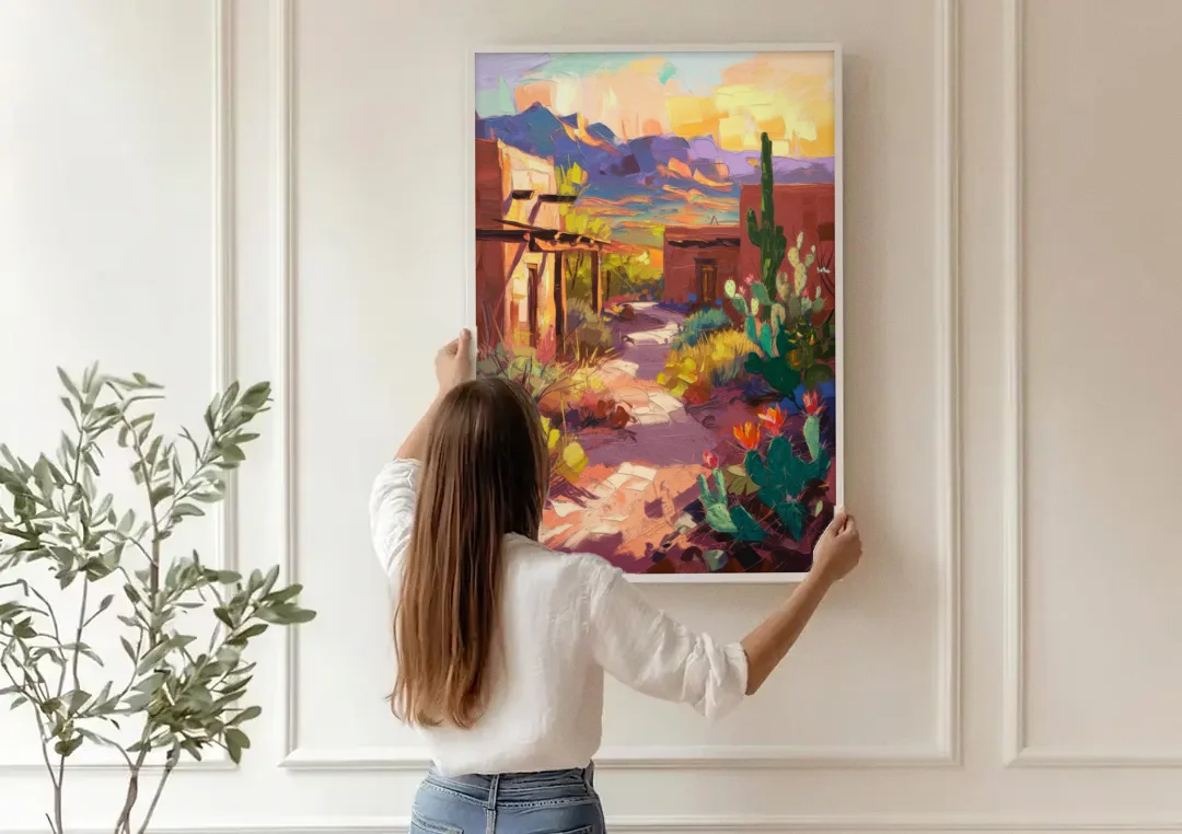 Santa Fe Desert Trail canvas wall art being hung on a paneled wall