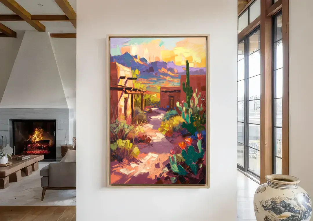 Santa Fe Desert Trail canvas wall art in a living room with a fireplace