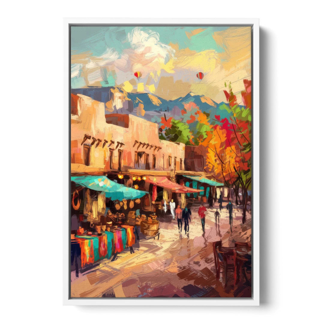 Santa Fe Historic Plaza - White Framed Canvas Wall Art - Front