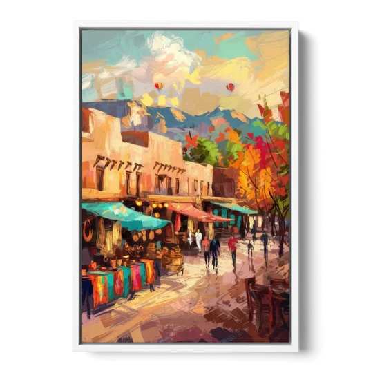Santa Fe Historic Plaza - White Framed Canvas Wall Art - Front