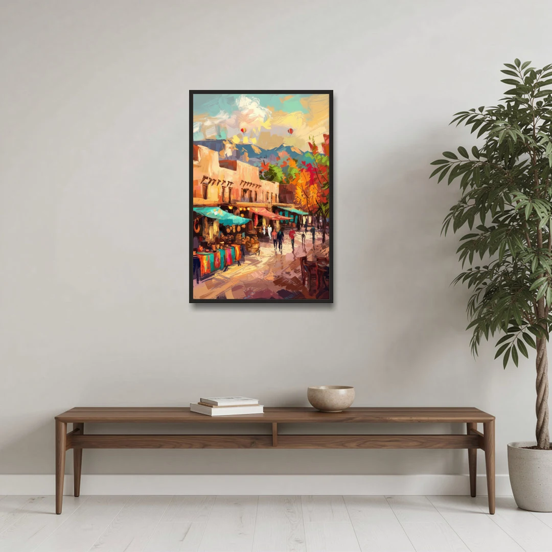Santa Fe Historic Plaza - Black Framed Canvas Wall Art - Coffee Table - 24x36