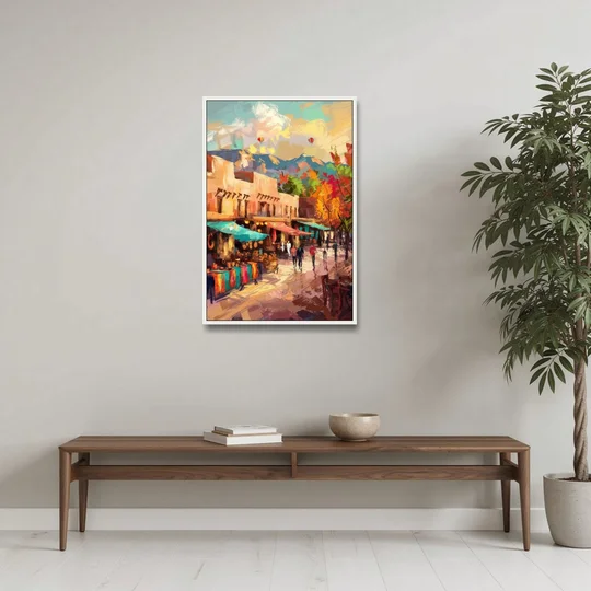 Santa Fe Historic Plaza - White Framed Canvas Wall Art - Coffee Table - 24x36