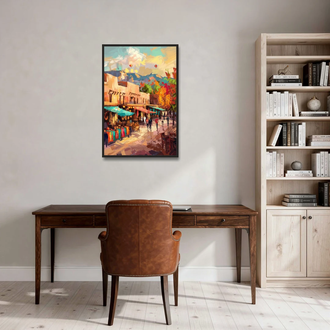 Santa Fe Historic Plaza - Black Framed Canvas Wall Art - Office - 24x36