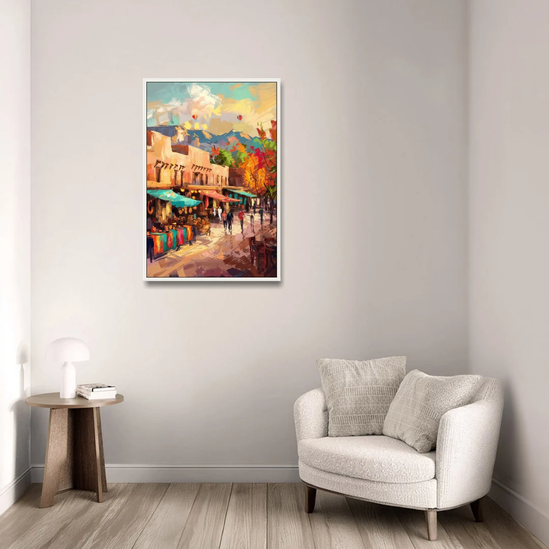 Santa Fe Historic Plaza - White Framed Canvas Wall Art - Sofa - 24x36