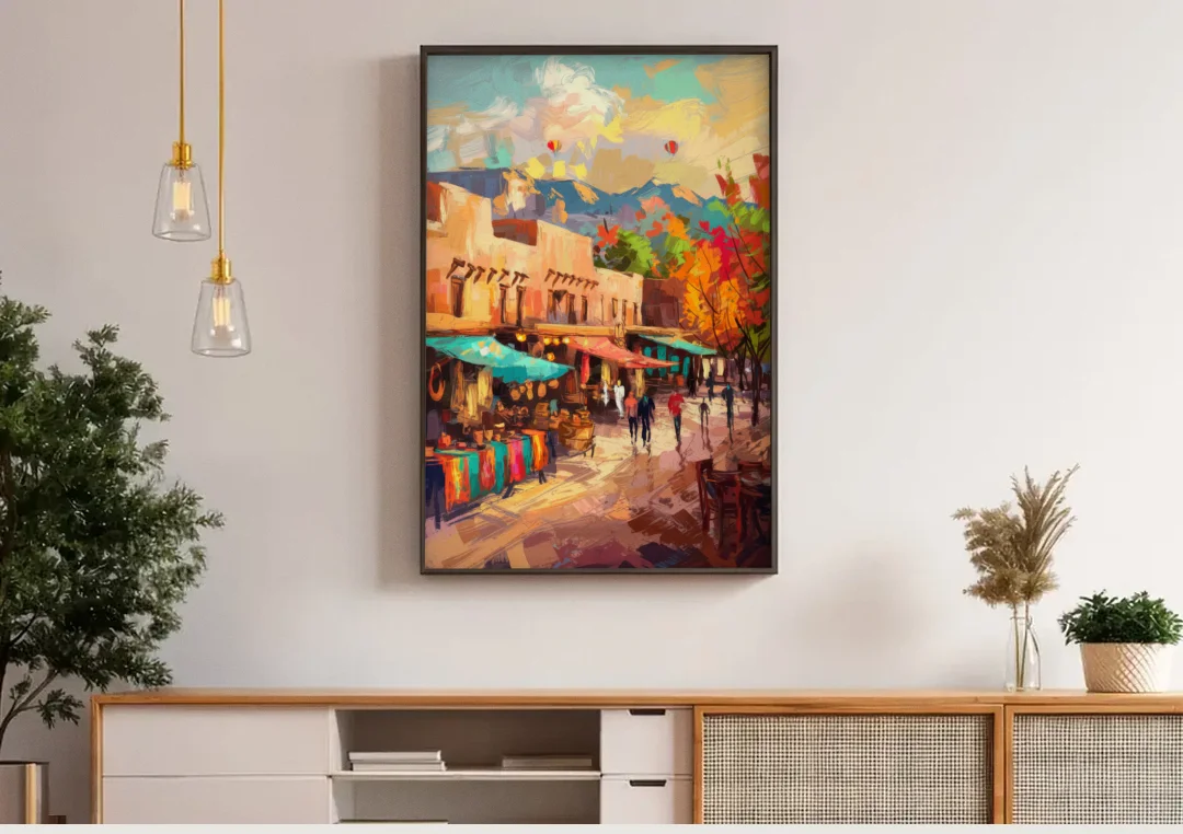 Santa Fe Historic Plaza canvas wall art above a wooden sideboard under pendant lights