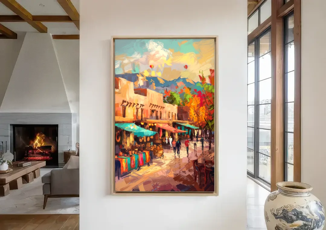 Santa Fe Historic Plaza canvas wall art in a living room with a fireplace