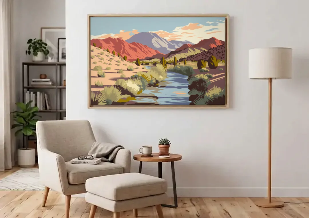 Santa Fe Mountain View canvas wall art above an armchair in a bright living room