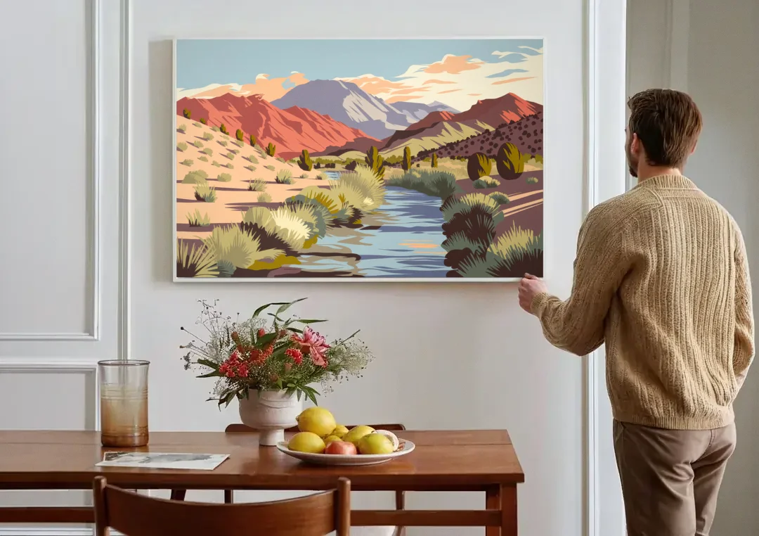 Santa Fe Mountain View canvas wall art above a dining table
