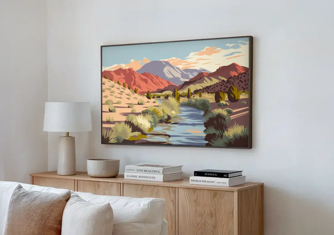 Santa Fe Mountain View canvas wall art above a wooden sideboard next to a sofa