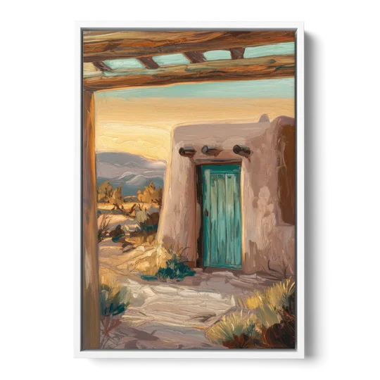 Santa Fe Pueblo Style - White Framed Canvas Wall Art - Front