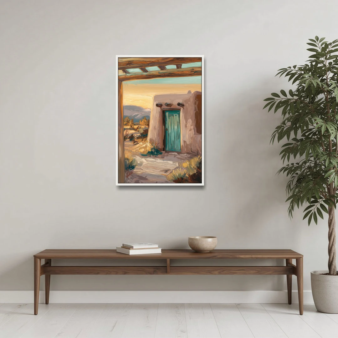 Santa Fe Pueblo Style - White Framed Canvas Wall Art - Coffee Table - 24x36