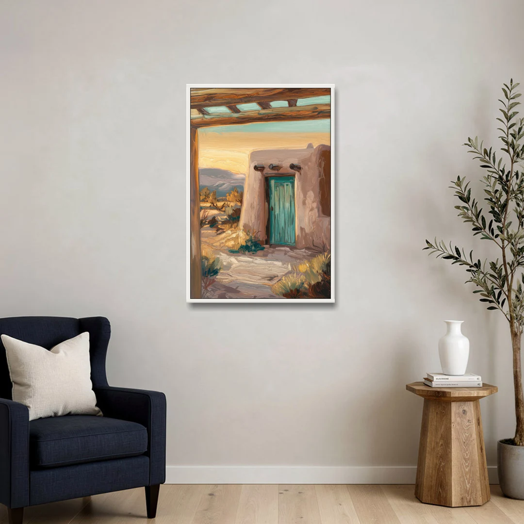 Santa Fe Pueblo Style - White Framed Canvas Wall Art - Sofa - 24x36
