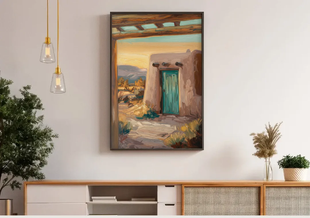 Santa Fe Pueblo Style canvas wall art above a wooden sideboard under pendant lights