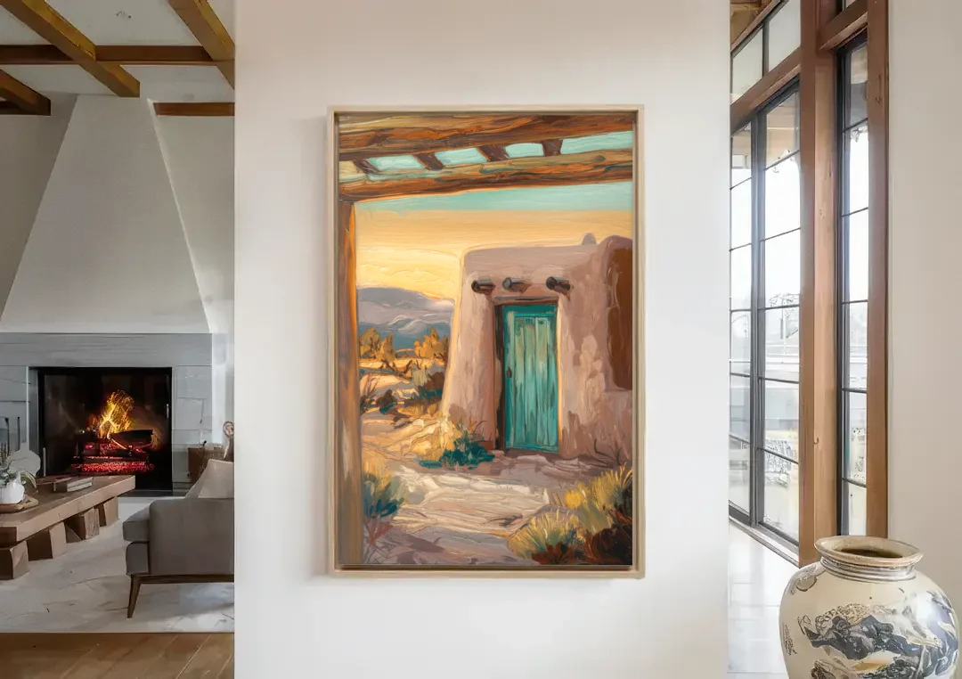 Santa Fe Pueblo Style canvas wall art in a living room with a fireplace