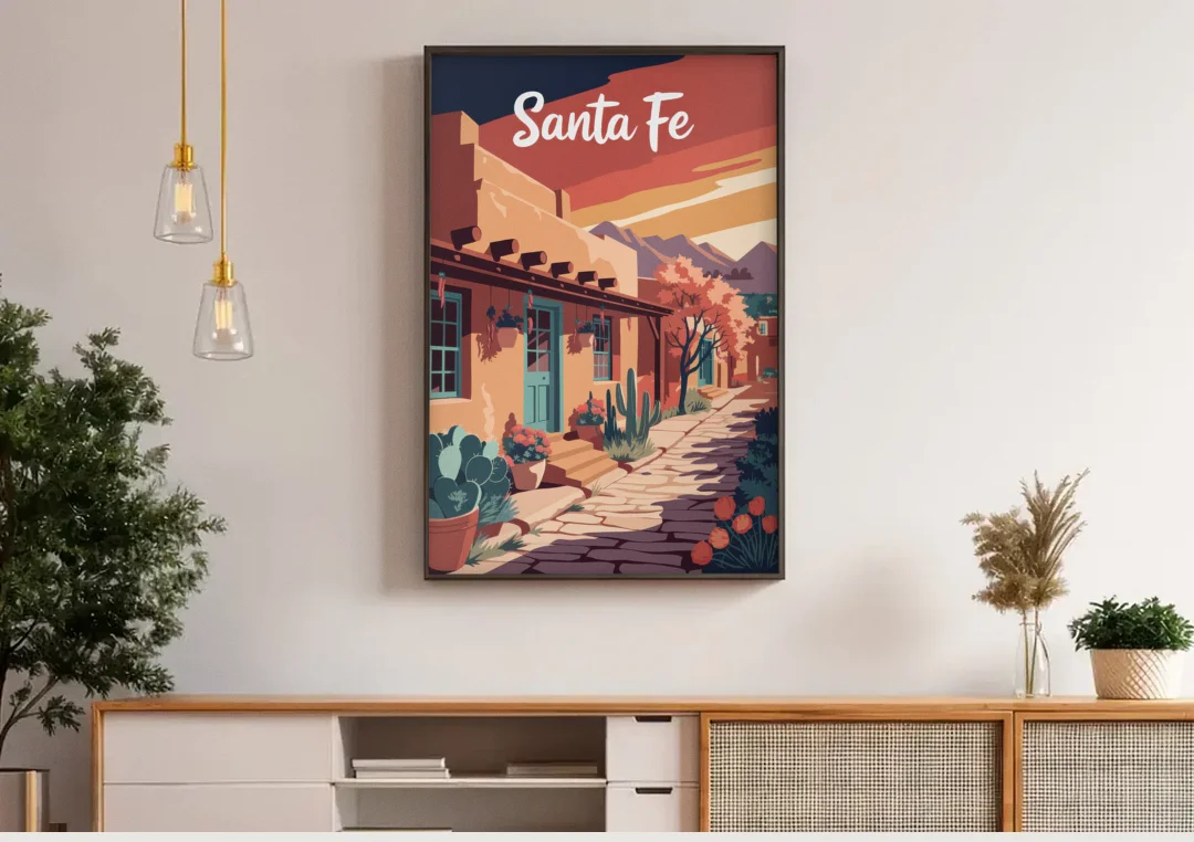 Santa Fe Southwest Charm canvas wall art above a wooden sideboard under pendant lights